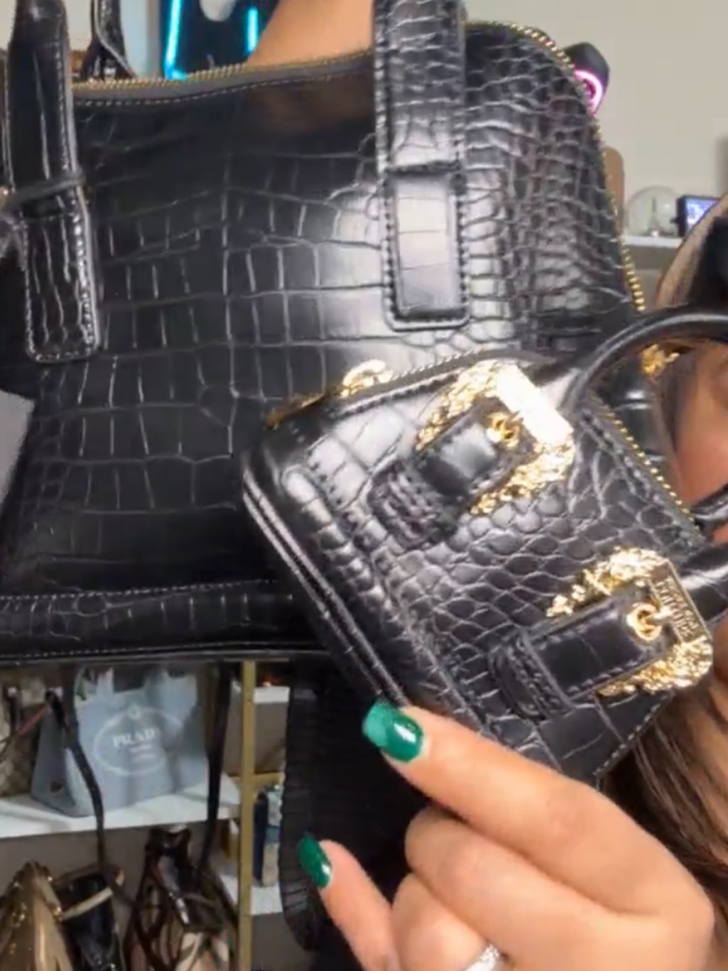 Versace Black Croc-Embossed Satchel With Matching Mini Pouch